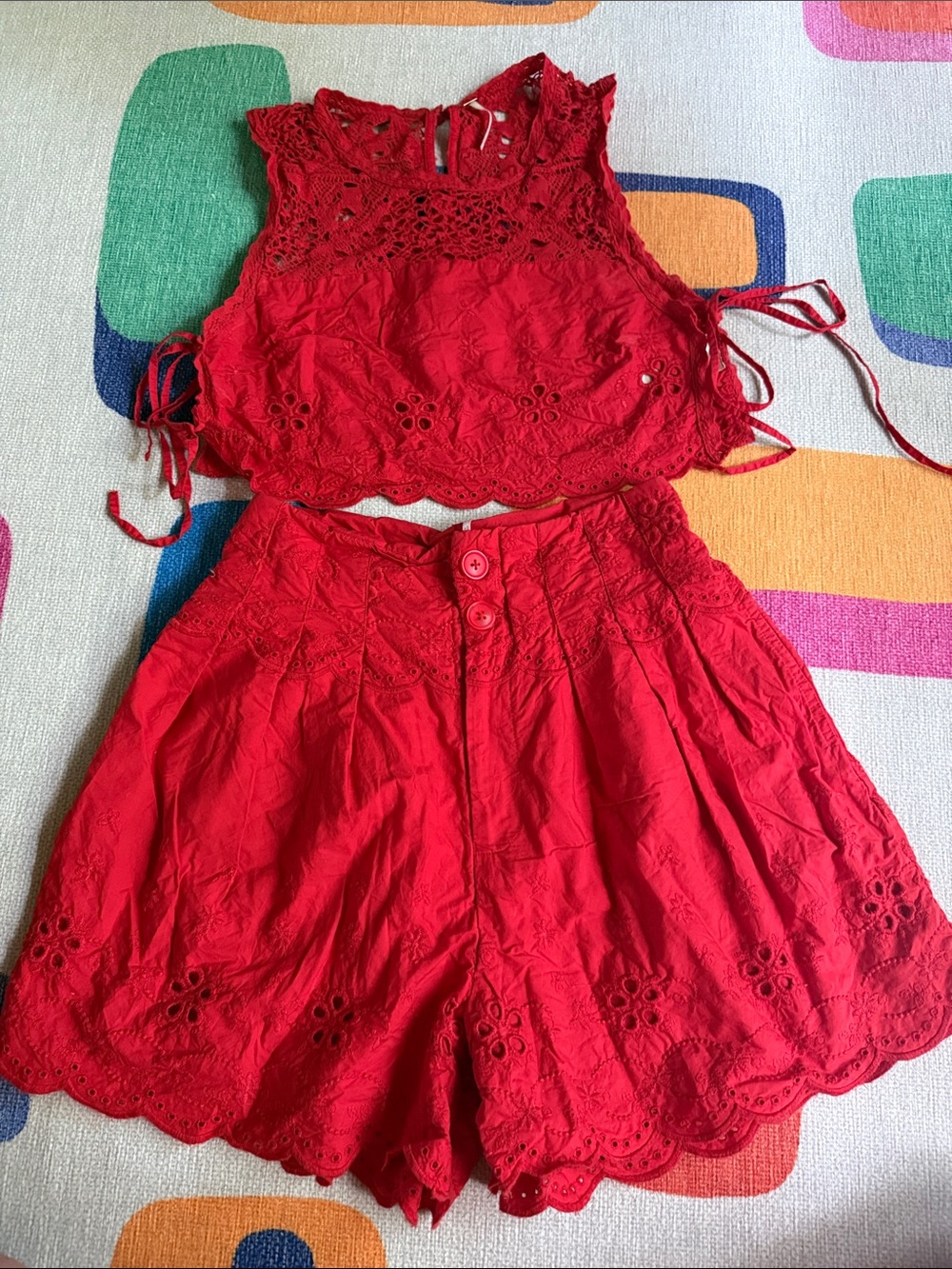 Free people 100% cotton Red Eyelet Two-Piece Crop Top & High-Waist Shorts Set